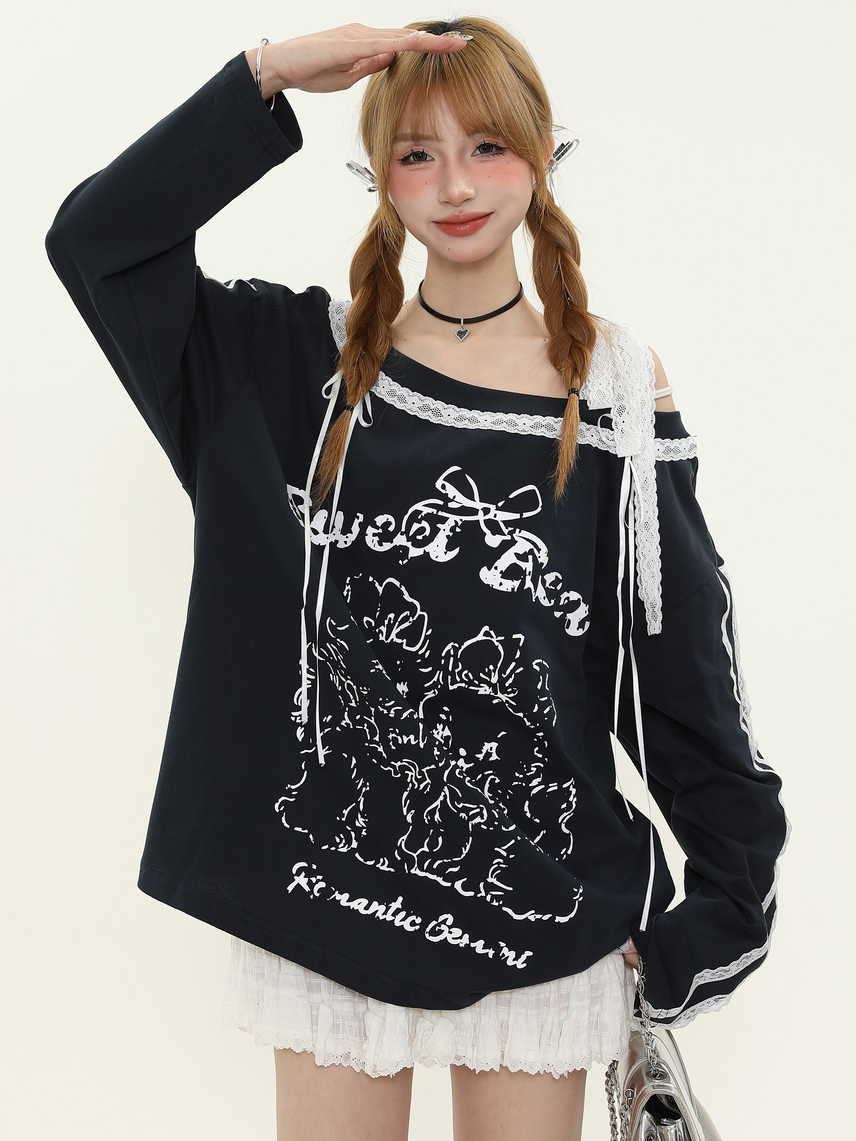Sweet and Spicy Lace Splicing Printed Long Sleeve Off-Shoulder T-Shirt for Women - Trendy Spring Loose Fit American Style