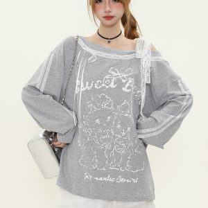 Sweet and Spicy Lace Splicing Printed Long Sleeve Off-Shoulder T-Shirt for Women - Trendy Spring Loose Fit American Style