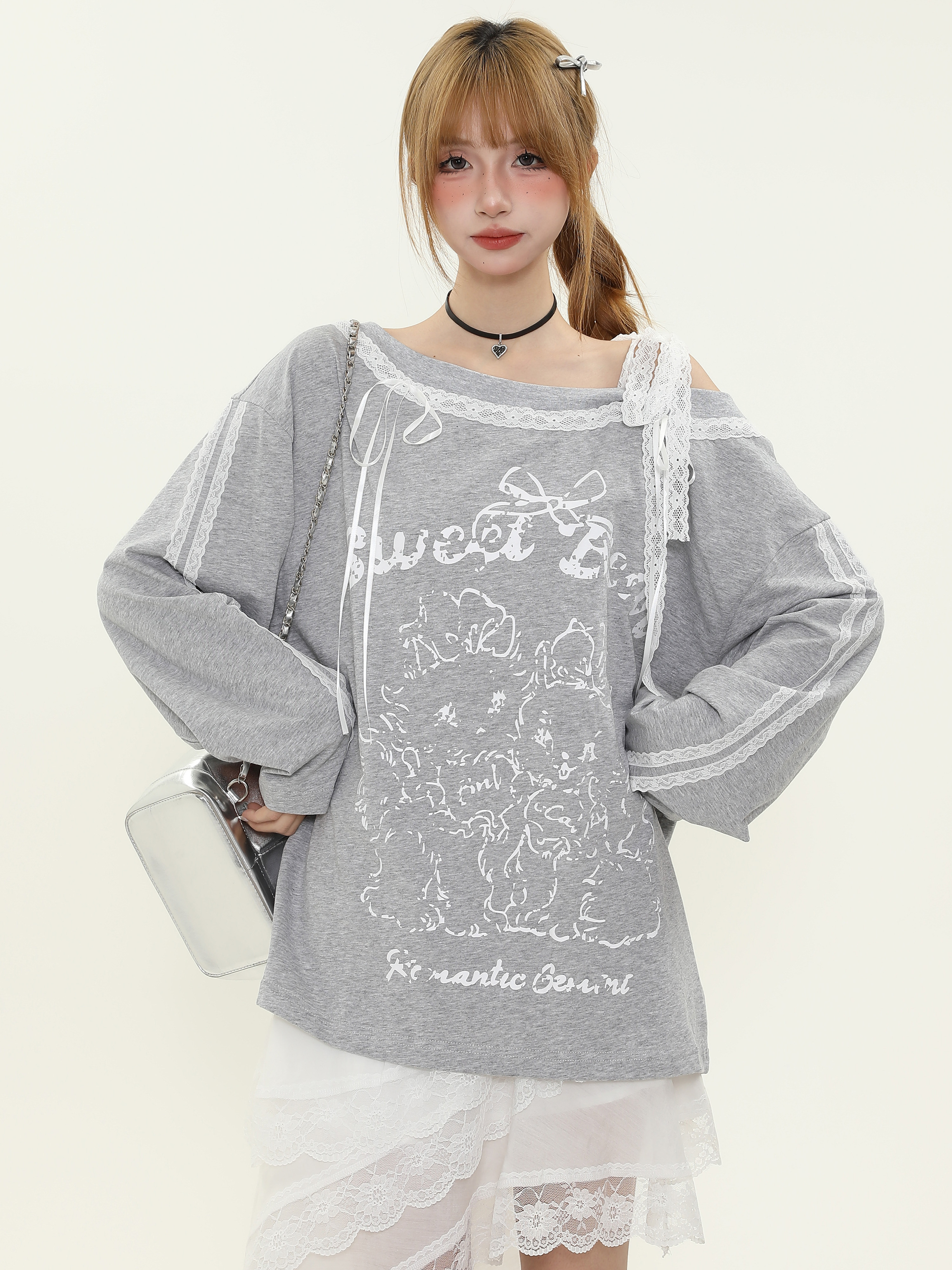 Sweet and Spicy Lace Splicing Printed Long Sleeve Off-Shoulder T-Shirt for Women - Trendy Spring Loose Fit American Style