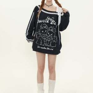 Sweet and Spicy Lace Splicing Printed Long Sleeve Off-Shoulder T-Shirt for Women - Trendy Spring Loose Fit American Style
