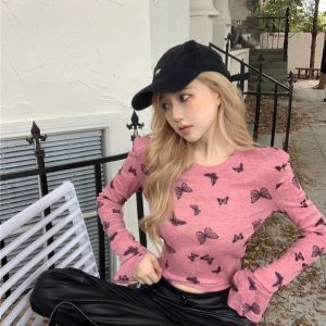 Sweet and Spicy Printed Slim-Fit Sheer T-Shirt for Women - Cropped Top for Jazz Dancing, Music Festivals, Y2K Style