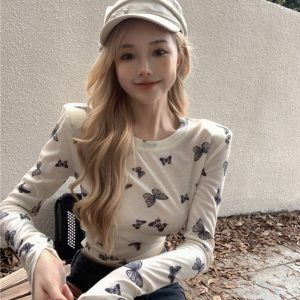 Sweet and Spicy Printed Slim-Fit Sheer T-Shirt for Women - Cropped Top for Jazz Dancing, Music Festivals, Y2K Style