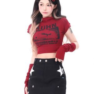 Sweet and Spicy Red Jazz Dance Top for Women - Fitted Sleeve K-pop Style Performance T-shirt