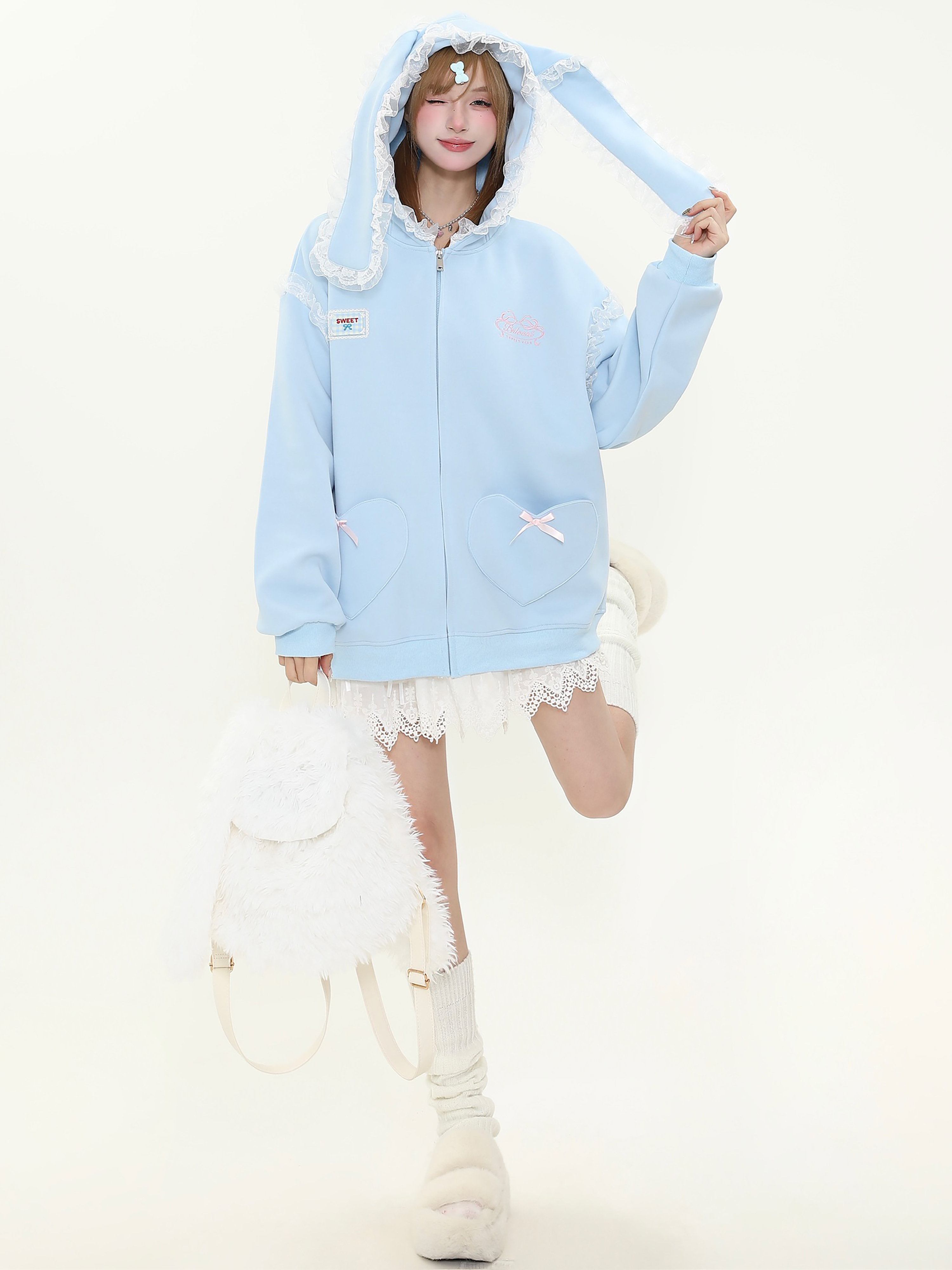 Sweet Bow Embroidery Heart Pocket Rabbit Ear Hoodie Women's Spring Loose Sweatshirt Jacket - Cute Casual Y2K Style