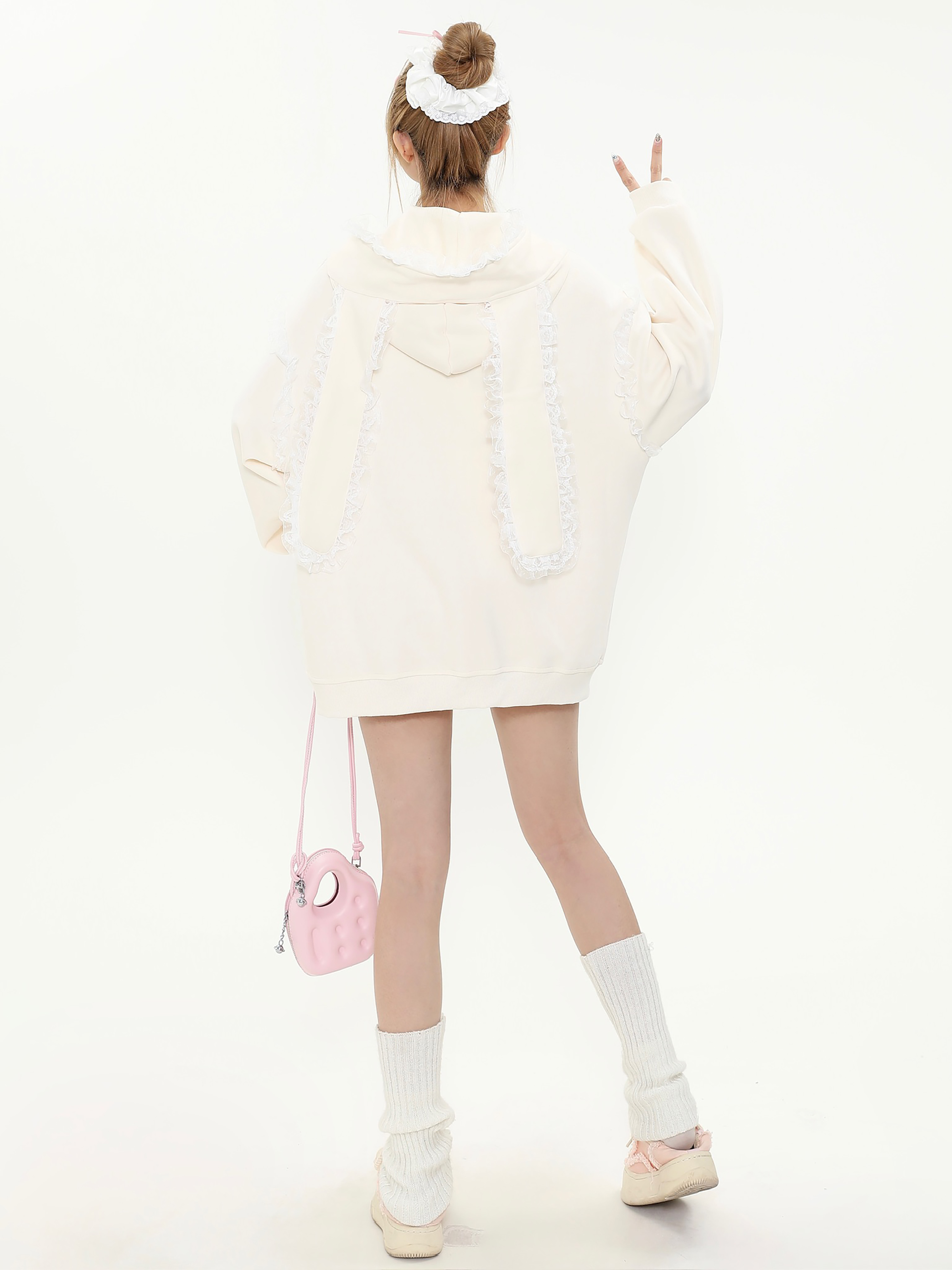 Sweet Bow Embroidery Heart Pocket Rabbit Ear Hoodie Women's Spring Loose Sweatshirt Jacket - Cute Casual Y2K Style