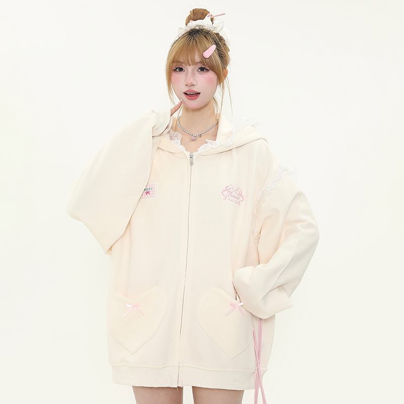 Sweet Bow Embroidery Heart Pocket Rabbit Ear Hoodie Women's Spring Loose Sweatshirt Jacket - Cute Casual Y2K Style