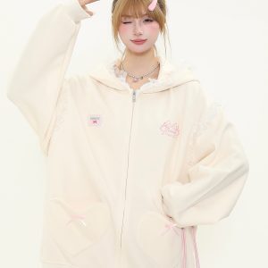 Sweet Bow Embroidery Heart Pocket Rabbit Ear Hoodie Women's Spring Loose Sweatshirt Jacket - Cute Casual Y2K Style