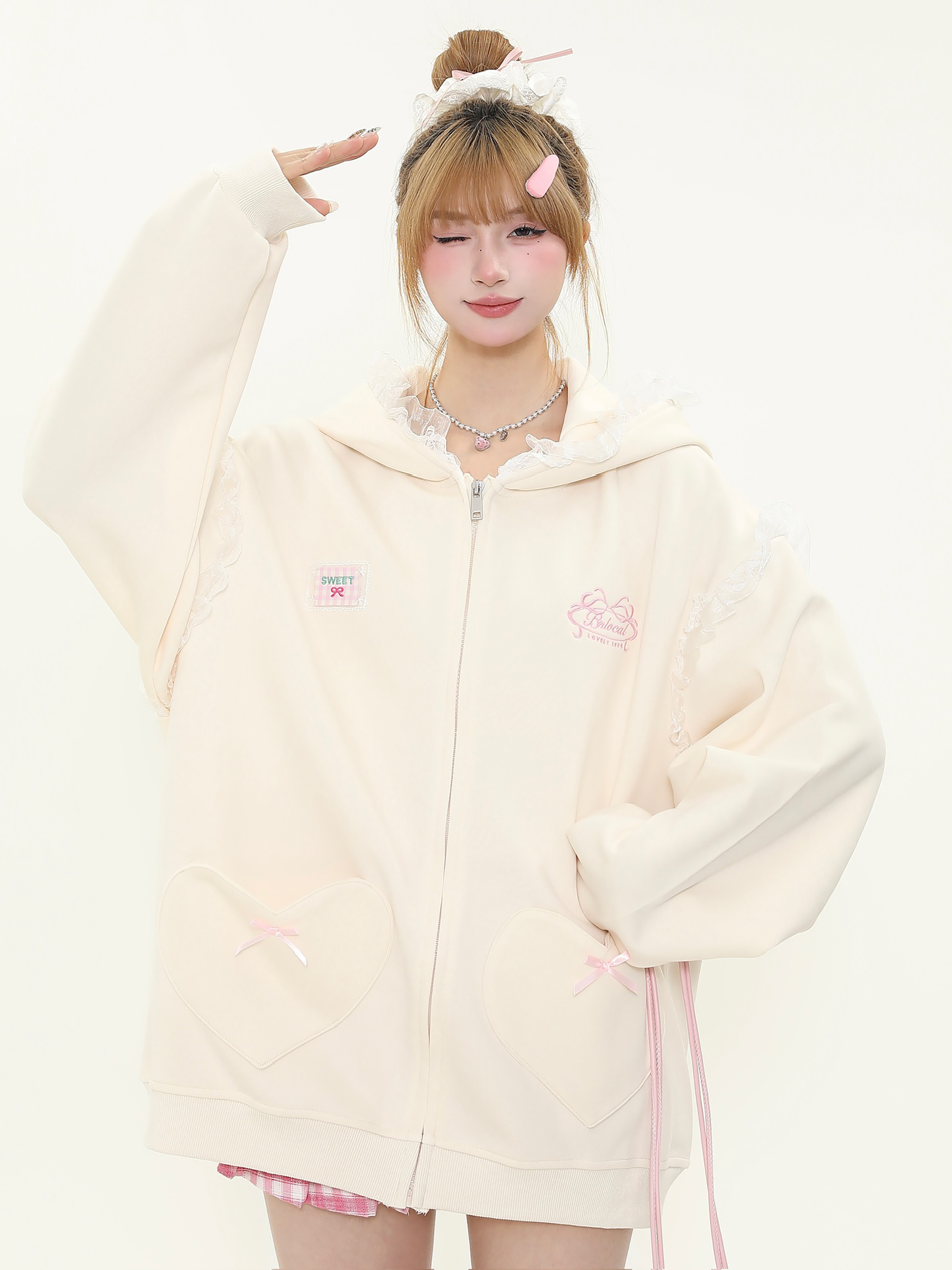Sweet Bow Embroidery Heart Pocket Rabbit Ear Hoodie Women's Spring Loose Sweatshirt Jacket - Cute Casual Y2K Style