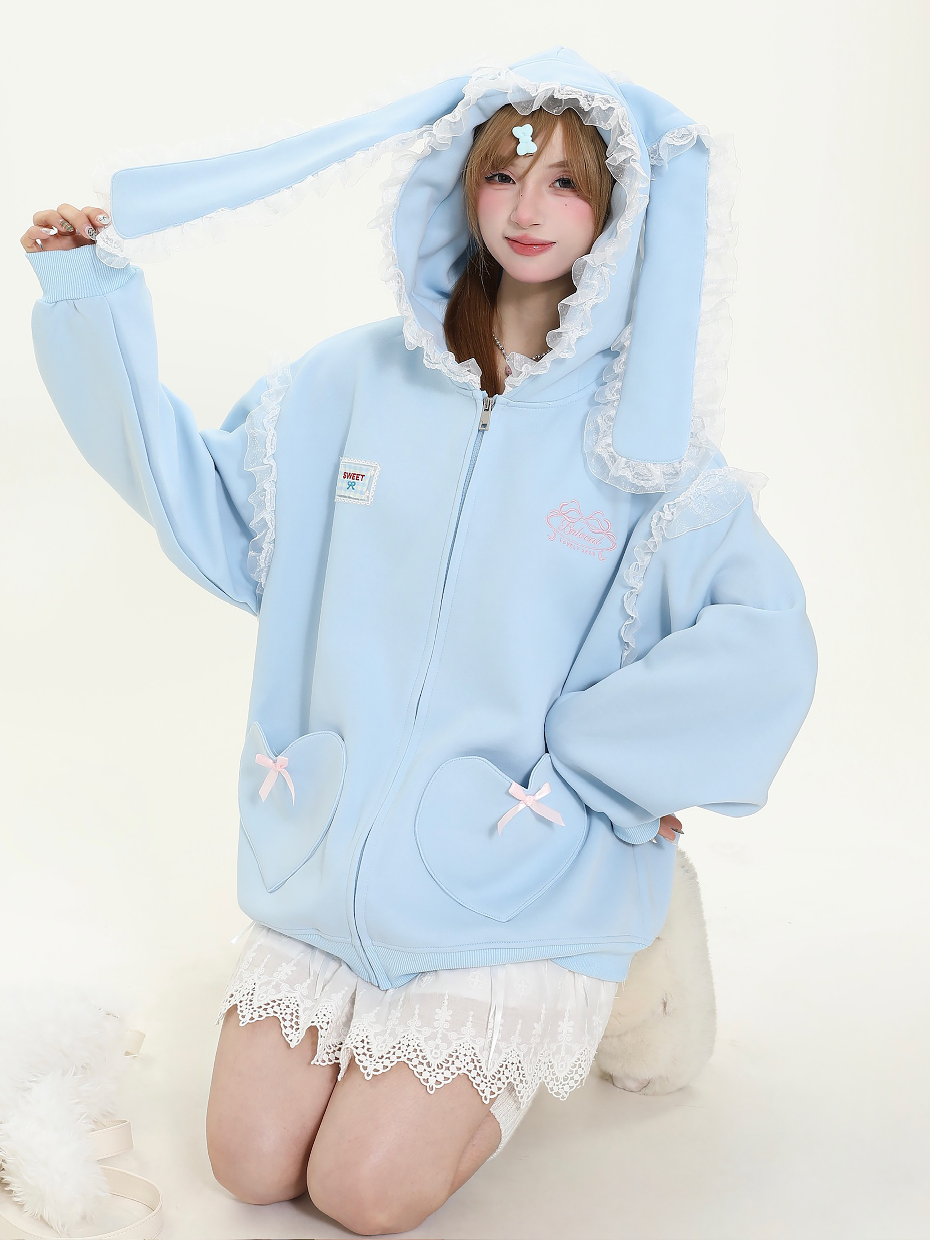 Sweet Bow Embroidery Heart Pocket Rabbit Ear Hoodie Women's Spring Loose Sweatshirt Jacket - Cute Casual Y2K Style