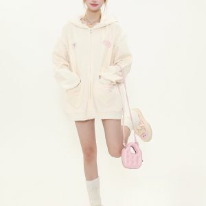 Sweet Bow Embroidery Heart Pocket Rabbit Ear Hoodie Women's Spring Loose Sweatshirt Jacket - Cute Casual Y2K Style