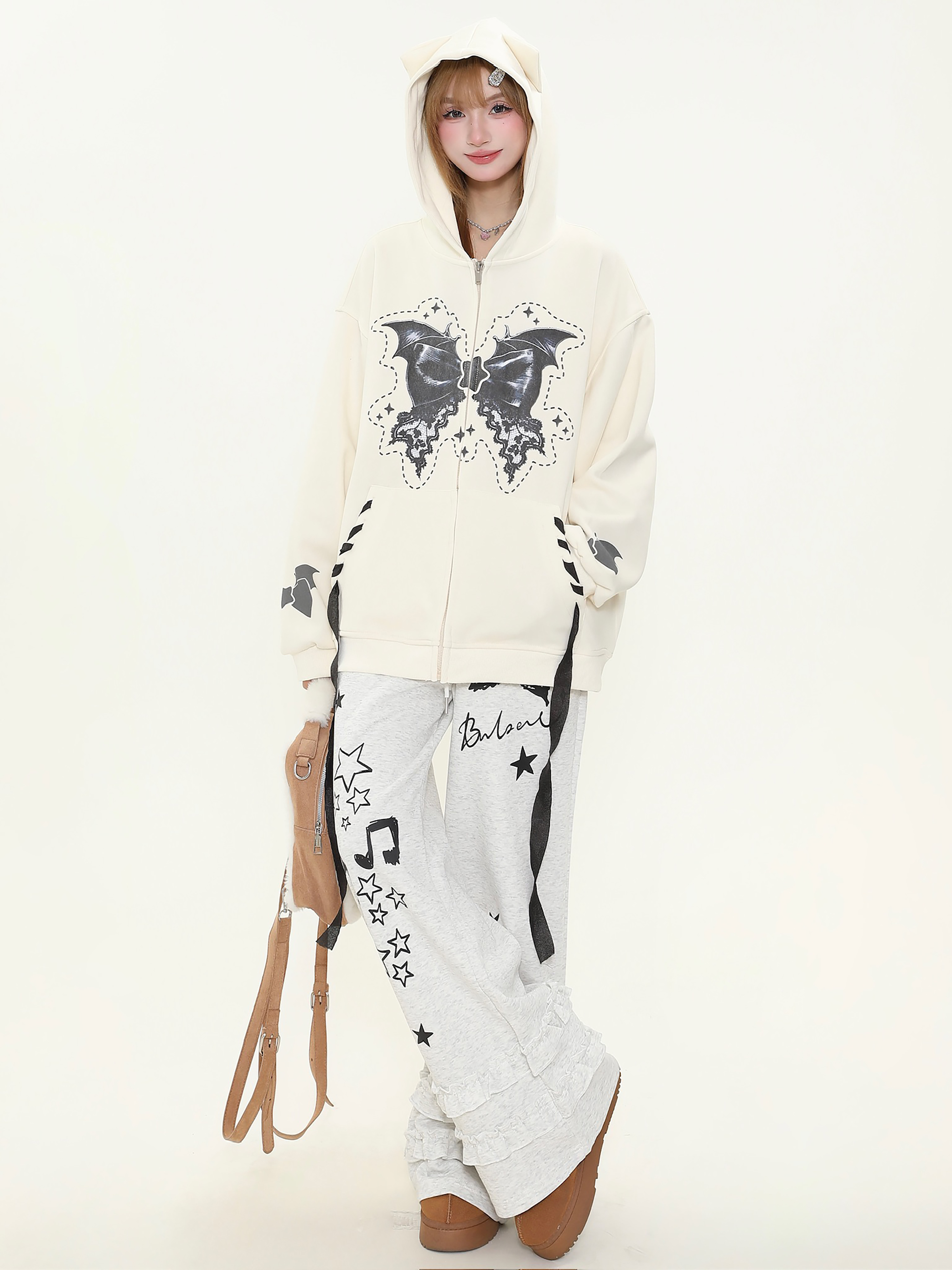 Sweet Bowknot Star Print Wide-Leg Casual Pants for Women - Spring Versatile Loose Sports Sweatpants