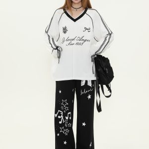 Sweet Bowknot Star Print Wide-Leg Casual Pants for Women - Spring Versatile Loose Sports Sweatpants