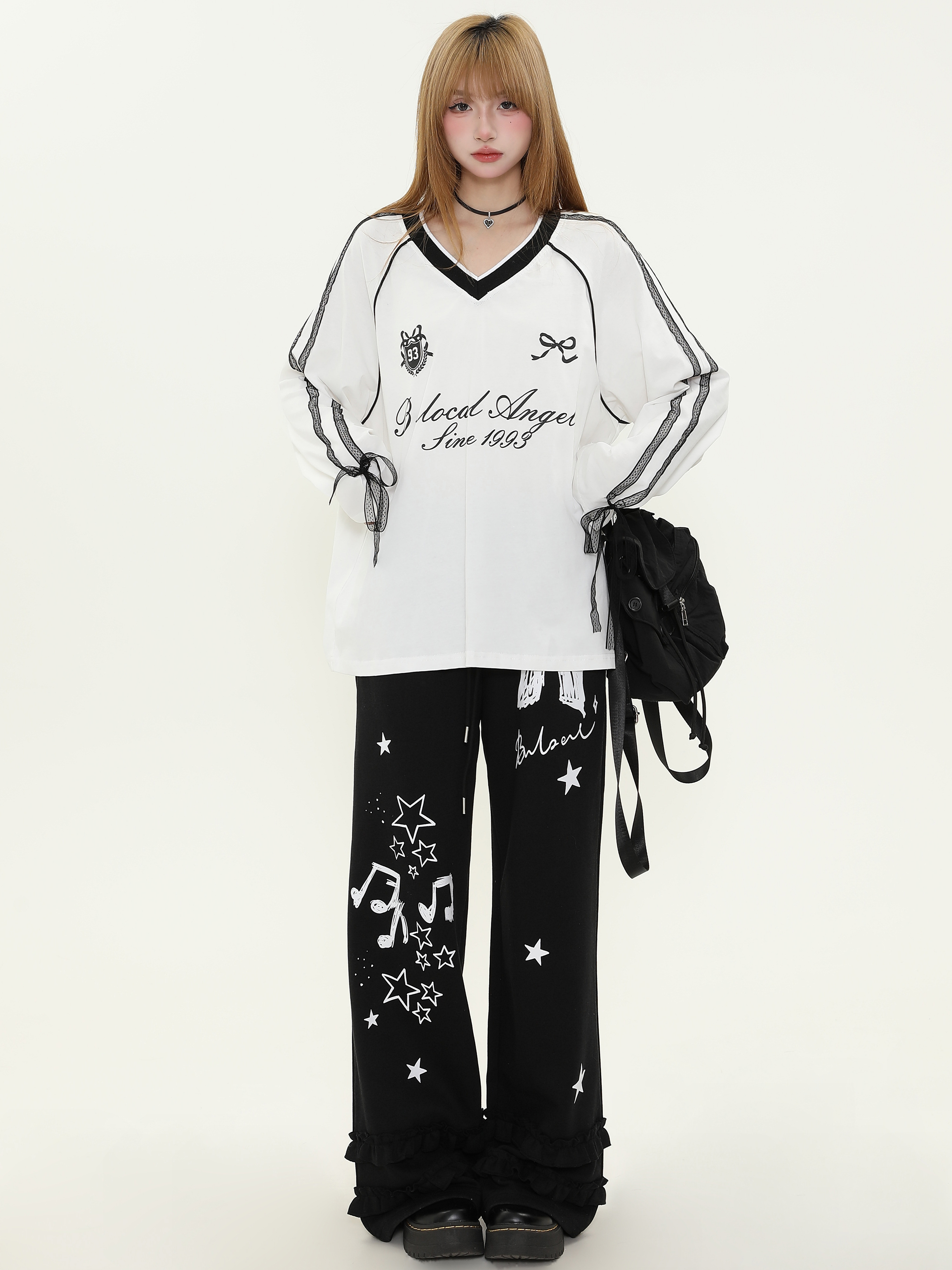 Sweet Bowknot Star Print Wide-Leg Casual Pants for Women - Spring Versatile Loose Sports Sweatpants