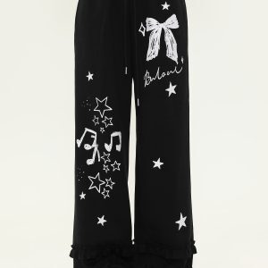 Sweet Bowknot Star Print Wide-Leg Casual Pants for Women - Spring Versatile Loose Sports Sweatpants