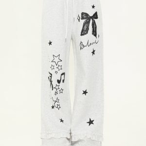 Sweet Bowknot Star Print Wide-Leg Casual Pants for Women - Spring Versatile Loose Sports Sweatpants