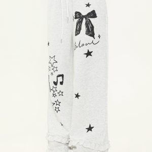 Sweet Bowknot Star Print Wide-Leg Casual Pants for Women - Spring Versatile Loose Sports Sweatpants