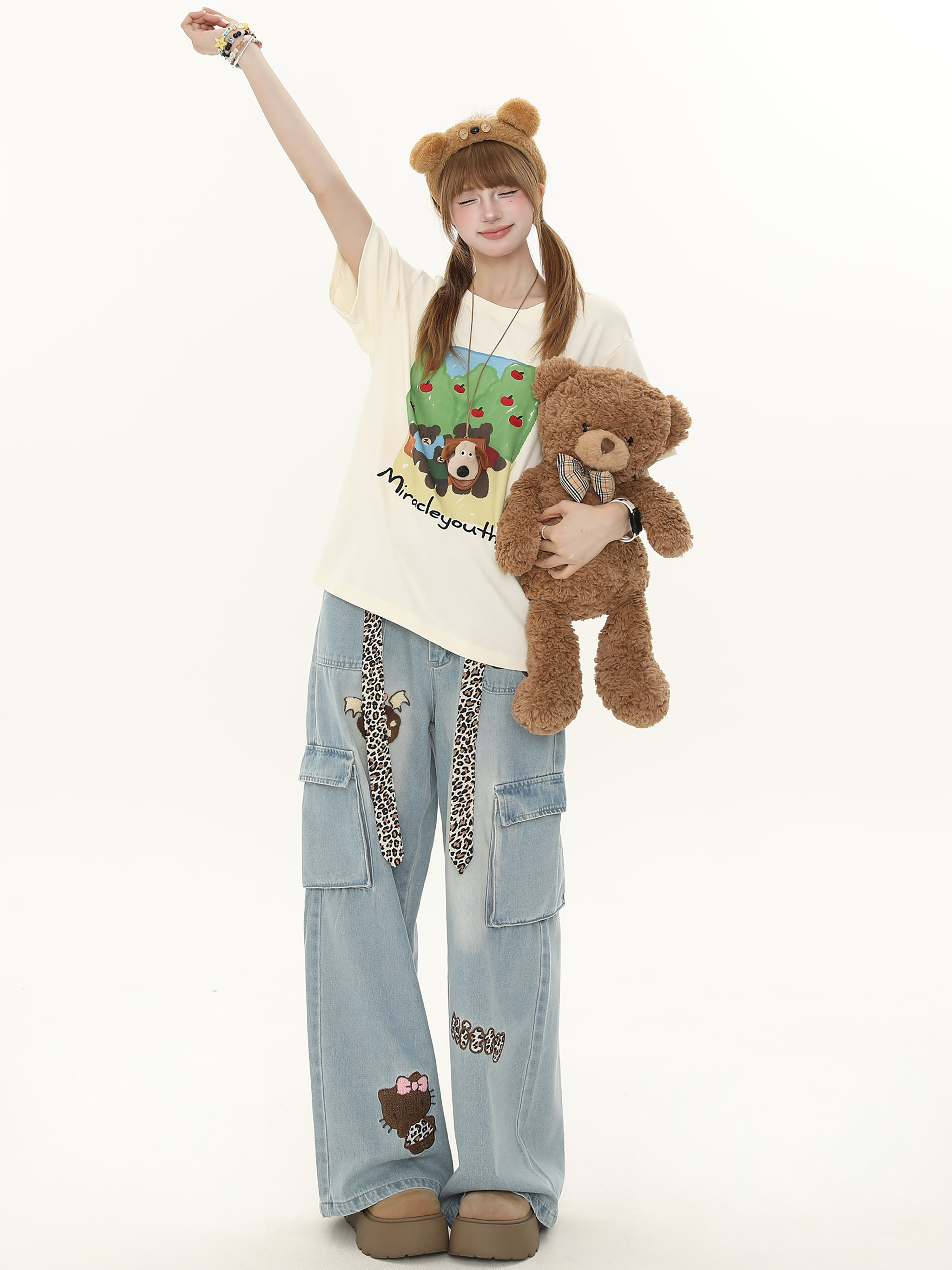 Sweet Cartoon Bear Printed Short Sleeve T-Shirt for Women - Casual Summer Loose Fit Top, Cute 90s Style