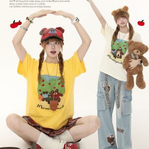 Sweet Cartoon Bear Printed Short Sleeve T-Shirt for Women - Casual Summer Loose Fit Top, Cute 90s Style