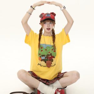 Sweet Cartoon Bear Printed Short Sleeve T-Shirt for Women - Casual Summer Loose Fit Top, Cute 90s Style