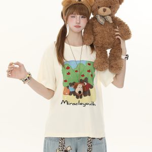 Sweet Cartoon Bear Printed Short Sleeve T-Shirt for Women - Casual Summer Loose Fit Top, Cute 90s Style
