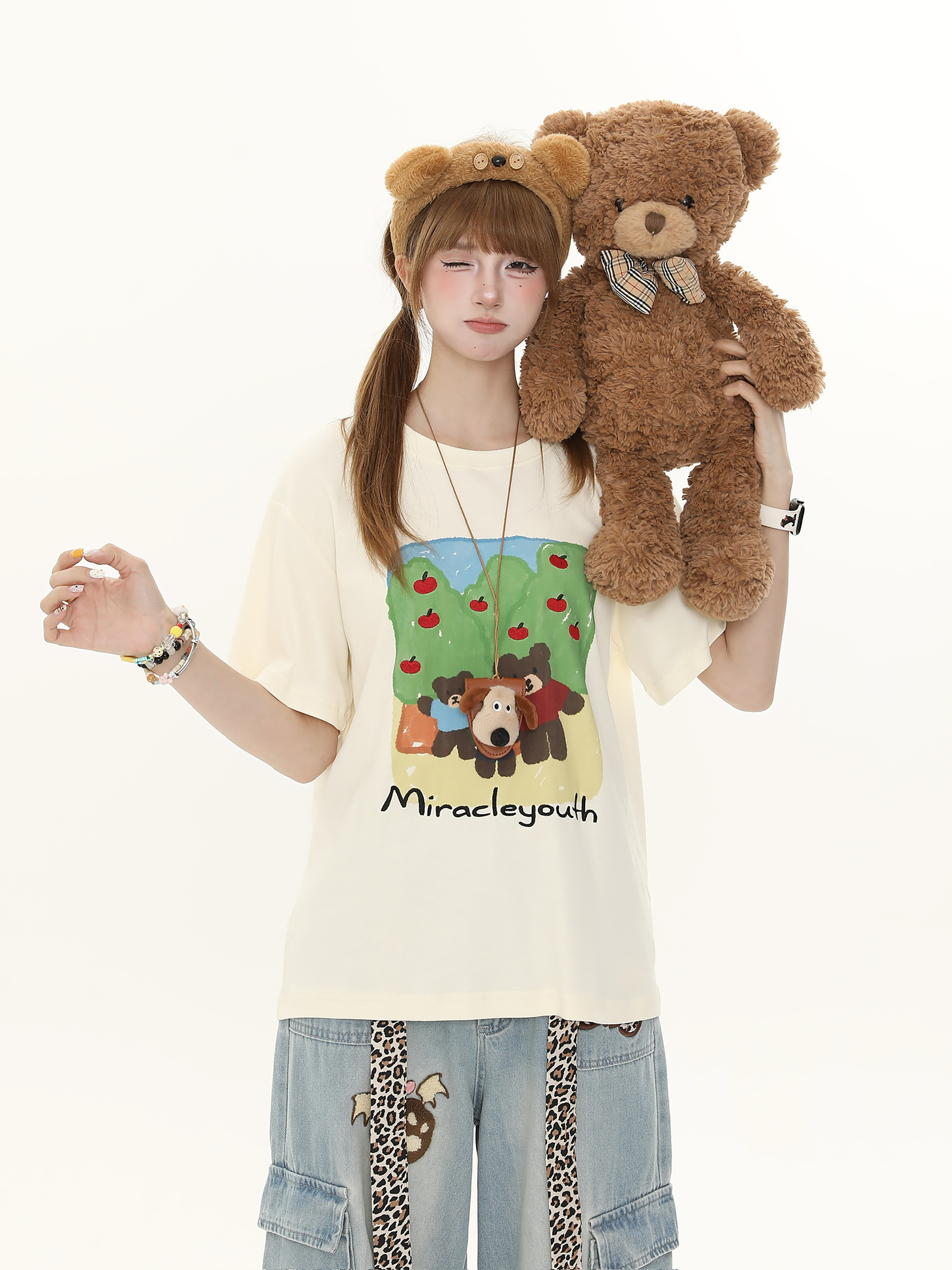 Sweet Cartoon Bear Printed Short Sleeve T-Shirt for Women - Casual Summer Loose Fit Top, Cute 90s Style