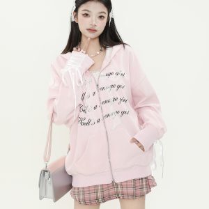 Sweet Cool Girl Lace Bow Tie Cardigan Hoodie - Loose Zipper Jacket for Autumn Winter, Casual Chic Layering, Y2K Style