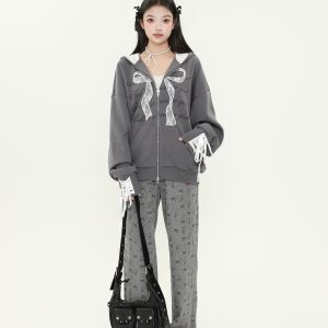 Sweet Cool Girl Lace Bow Tie Cardigan Hoodie - Loose Zipper Jacket for Autumn Winter, Casual Chic Layering, Y2K Style