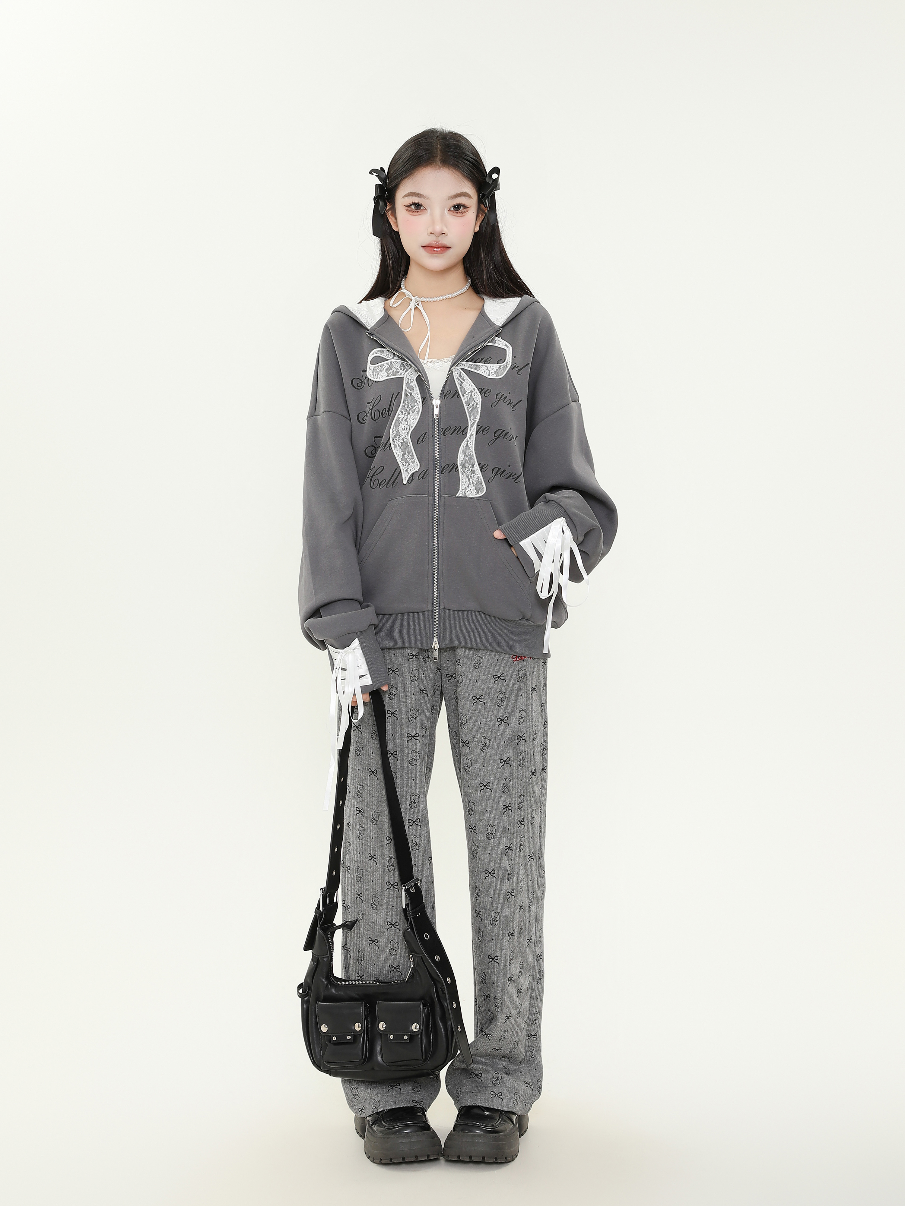 Sweet Cool Girl Lace Bow Tie Cardigan Hoodie - Loose Zipper Jacket for Autumn Winter, Casual Chic Layering, Y2K Style