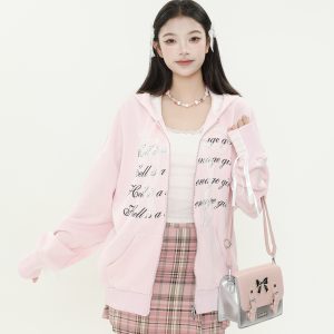 Sweet Cool Girl Lace Bow Tie Cardigan Hoodie - Loose Zipper Jacket for Autumn Winter, Casual Chic Layering, Y2K Style