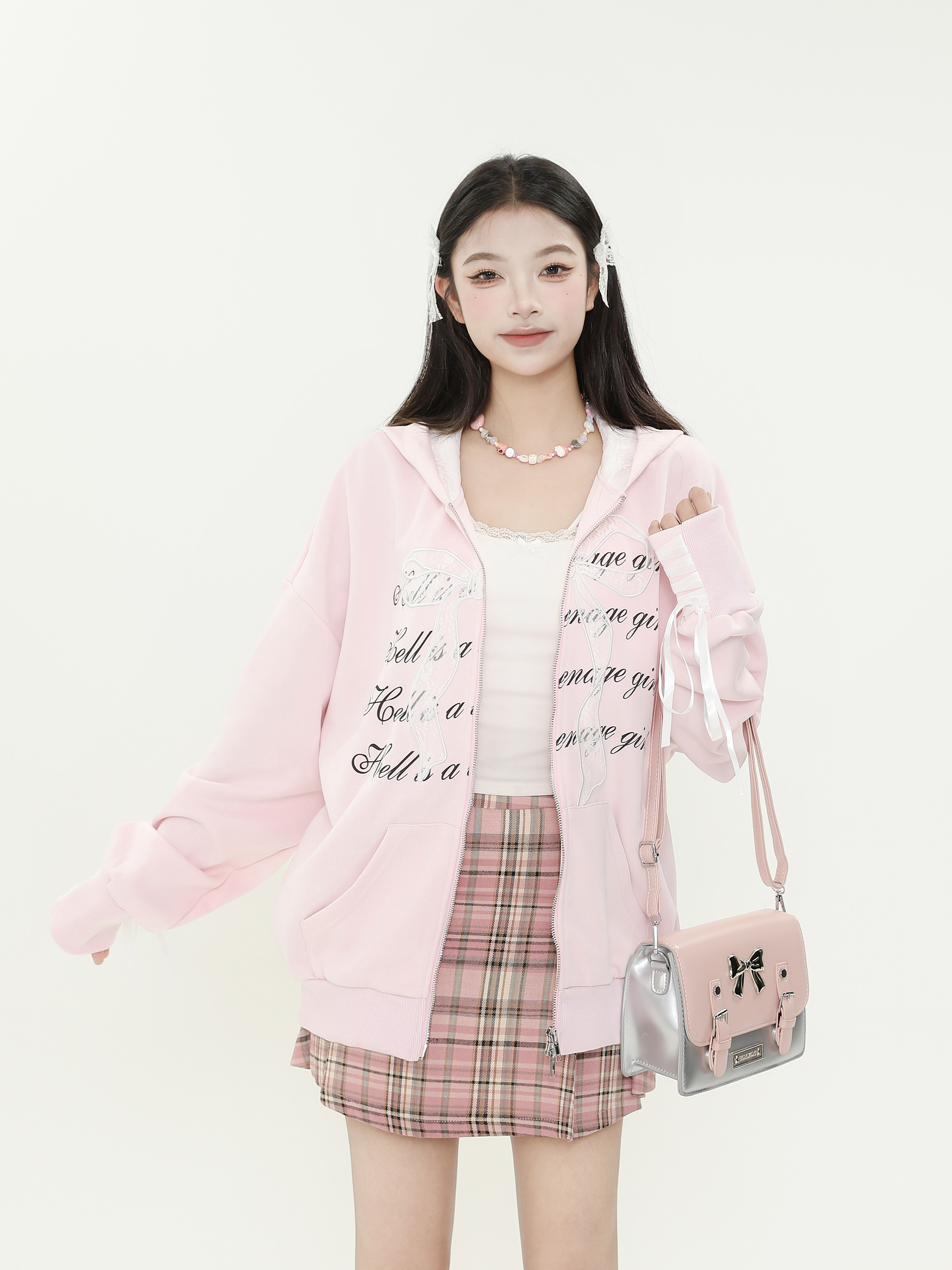Sweet Cool Girl Lace Bow Tie Cardigan Hoodie - Loose Zipper Jacket for Autumn Winter, Casual Chic Layering, Y2K Style