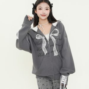 Sweet Cool Girl Lace Bow Tie Cardigan Hoodie - Loose Zipper Jacket for Autumn Winter, Casual Chic Layering, Y2K Style