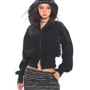 Sweet Cool Pearl Zipper Hooded Short Sweatshirt for Women - Slim Fit Autumn Winter Sports Jacket, Casual 90s Style Activewear