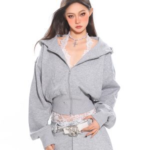 Sweet Cool Pearl Zipper Hooded Short Sweatshirt for Women - Slim Fit Autumn Winter Sports Jacket, Casual 90s Style Activewear