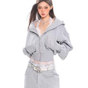 Sweet Cool Pearl Zipper Hooded Short Sweatshirt for Women - Slim Fit Autumn Winter Sports Jacket, Casual 90s Style Activewear