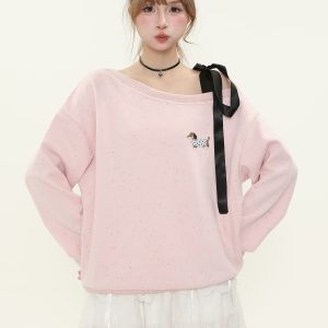 Sweet Cute Dog Embroidered Off-Shoulder Tie Strap Sweatshirt for Women - Loose Pullover Top for Spring and Autumn Casual Style