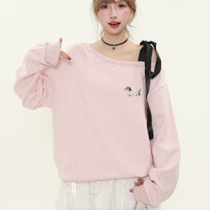 Sweet Cute Dog Embroidered Off-Shoulder Tie Strap Sweatshirt for Women - Loose Pullover Top for Spring and Autumn Casual Style