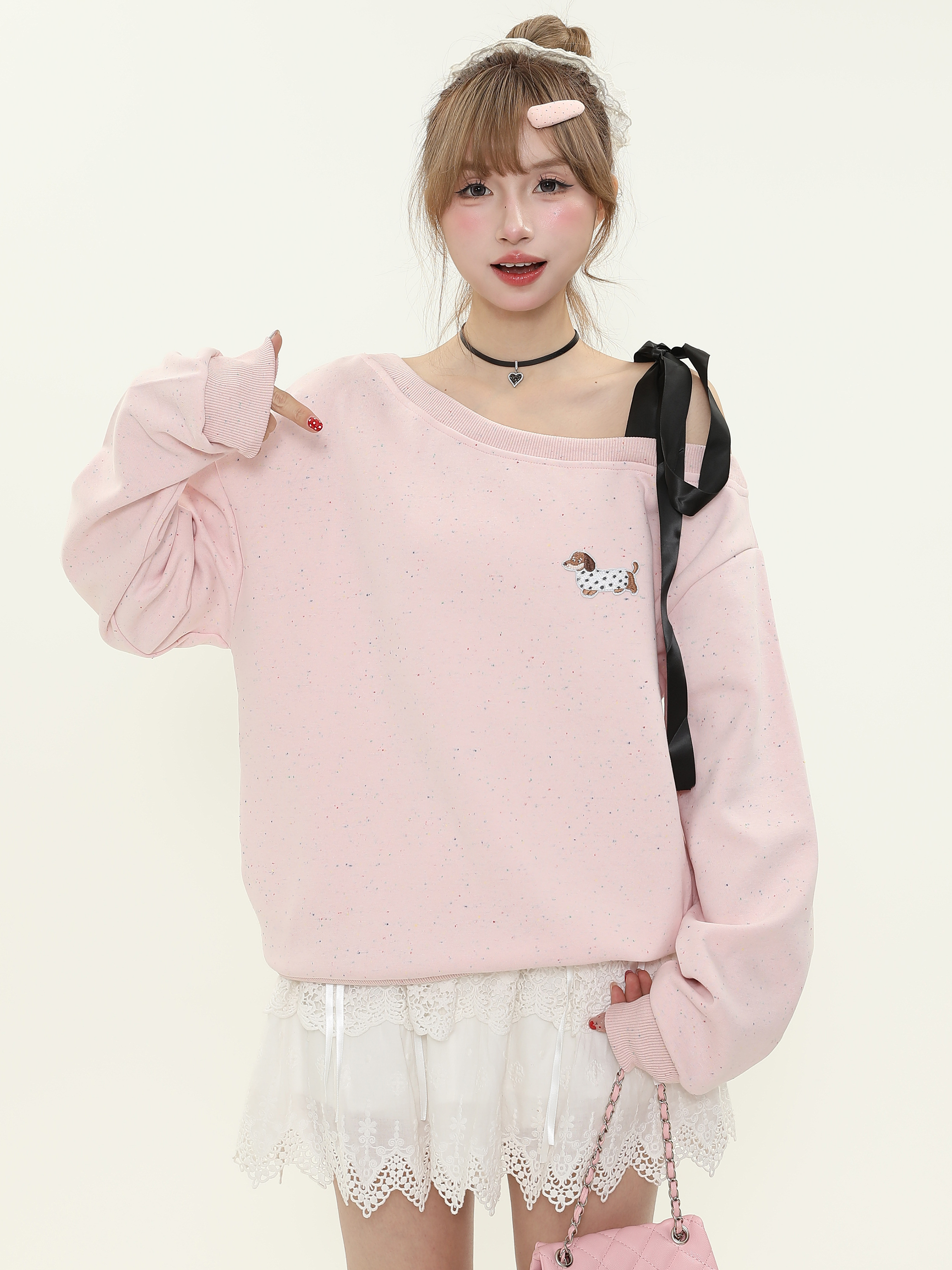 Sweet Cute Dog Embroidered Off-Shoulder Tie Strap Sweatshirt for Women - Loose Pullover Top for Spring and Autumn Casual Style