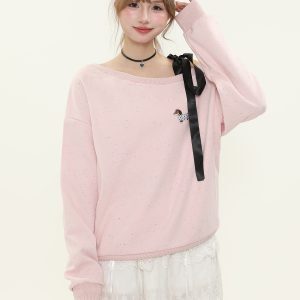 Sweet Cute Dog Embroidered Off-Shoulder Tie Strap Sweatshirt for Women - Loose Pullover Top for Spring and Autumn Casual Style