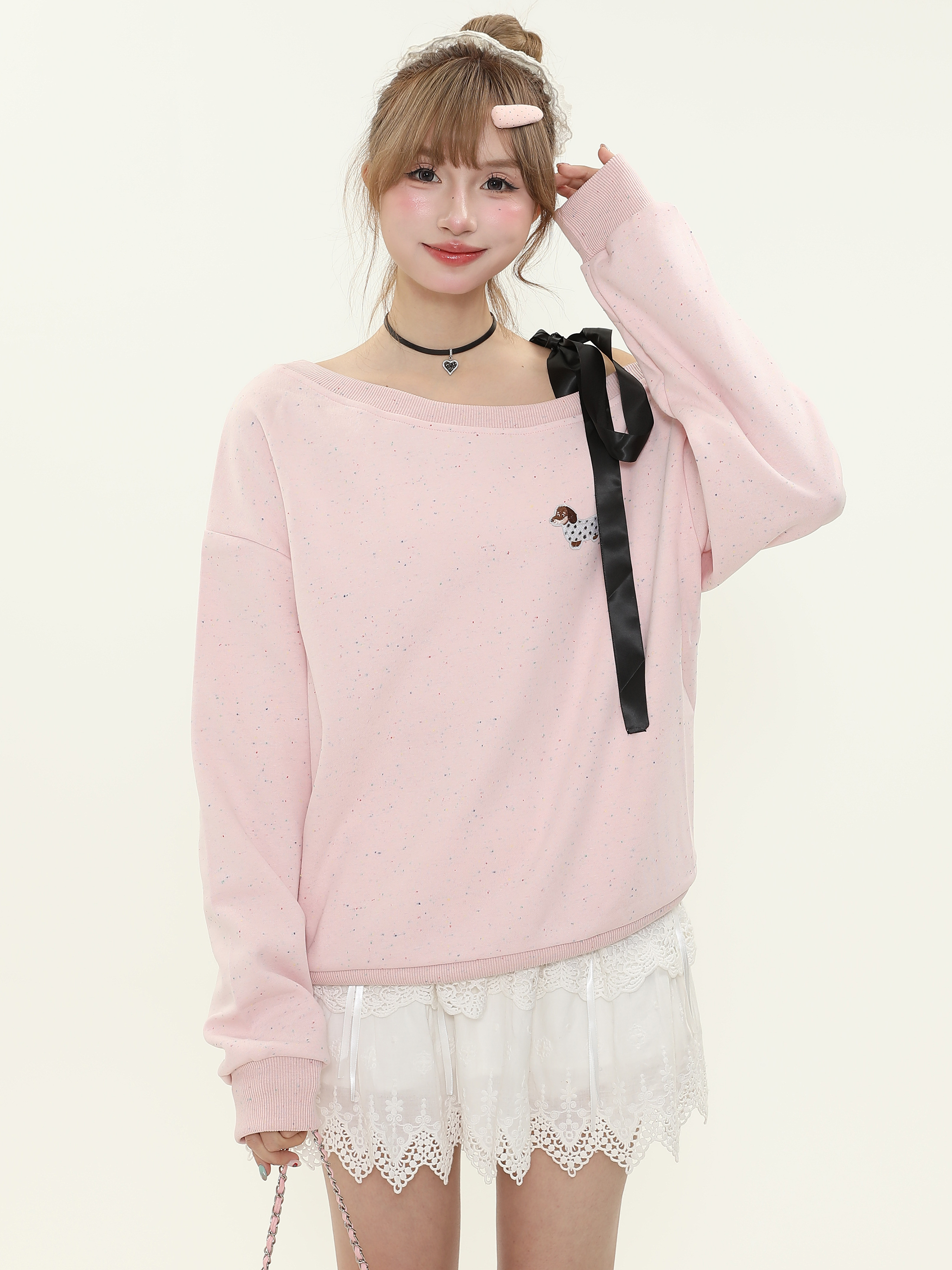 Sweet Cute Dog Embroidered Off-Shoulder Tie Strap Sweatshirt for Women - Loose Pullover Top for Spring and Autumn Casual Style