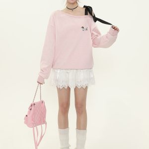 Sweet Cute Dog Embroidered Off-Shoulder Tie Strap Sweatshirt for Women - Loose Pullover Top for Spring and Autumn Casual Style