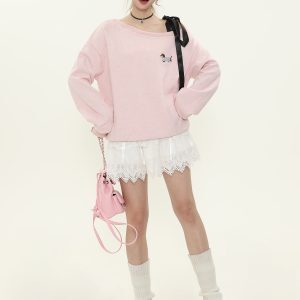 Sweet Cute Dog Embroidered Off-Shoulder Tie Strap Sweatshirt for Women - Loose Pullover Top for Spring and Autumn Casual Style