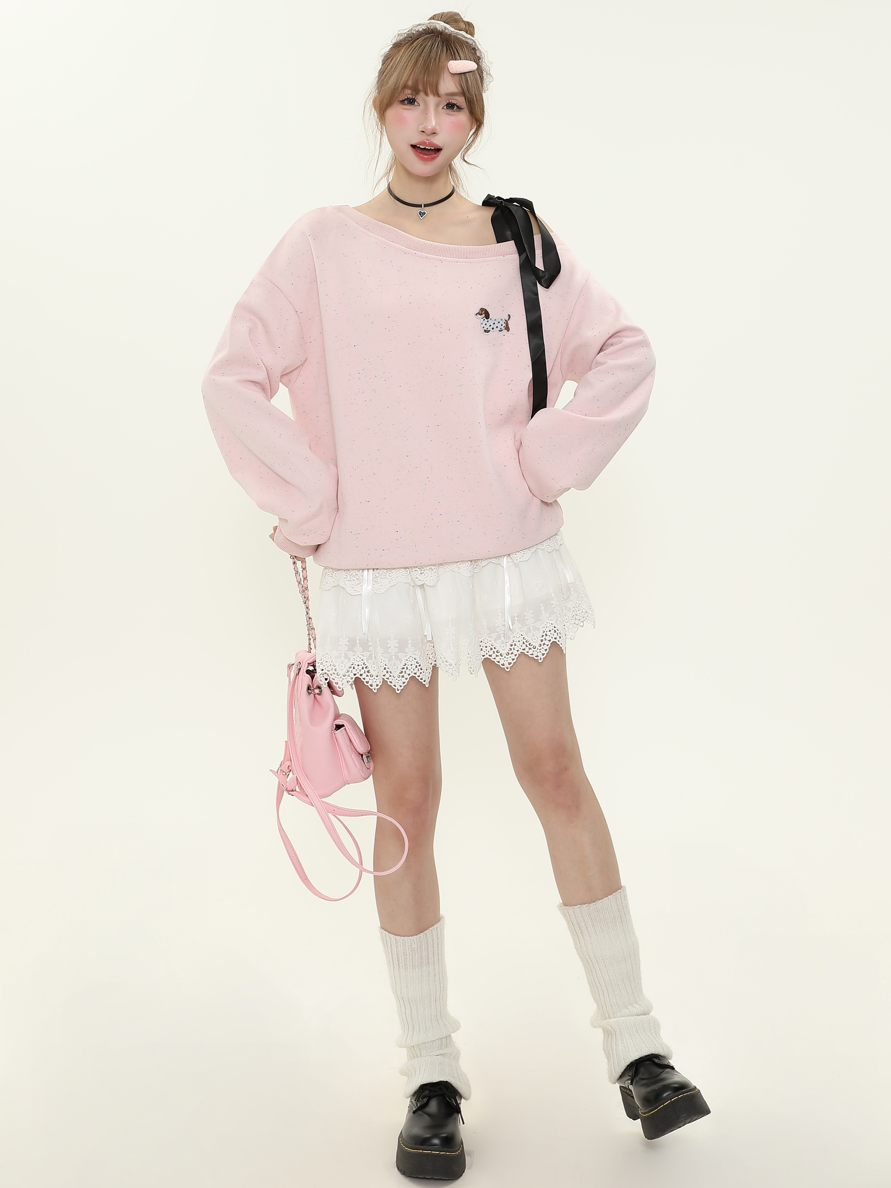 Sweet Cute Dog Embroidered Off-Shoulder Tie Strap Sweatshirt for Women - Loose Pullover Top for Spring and Autumn Casual Style