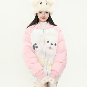 Sweet Cute Dog Print Spliced Raglan Sleeve Hooded Cotton Jacket - Women's Thick Warm Winter Coat for Cozy Style
