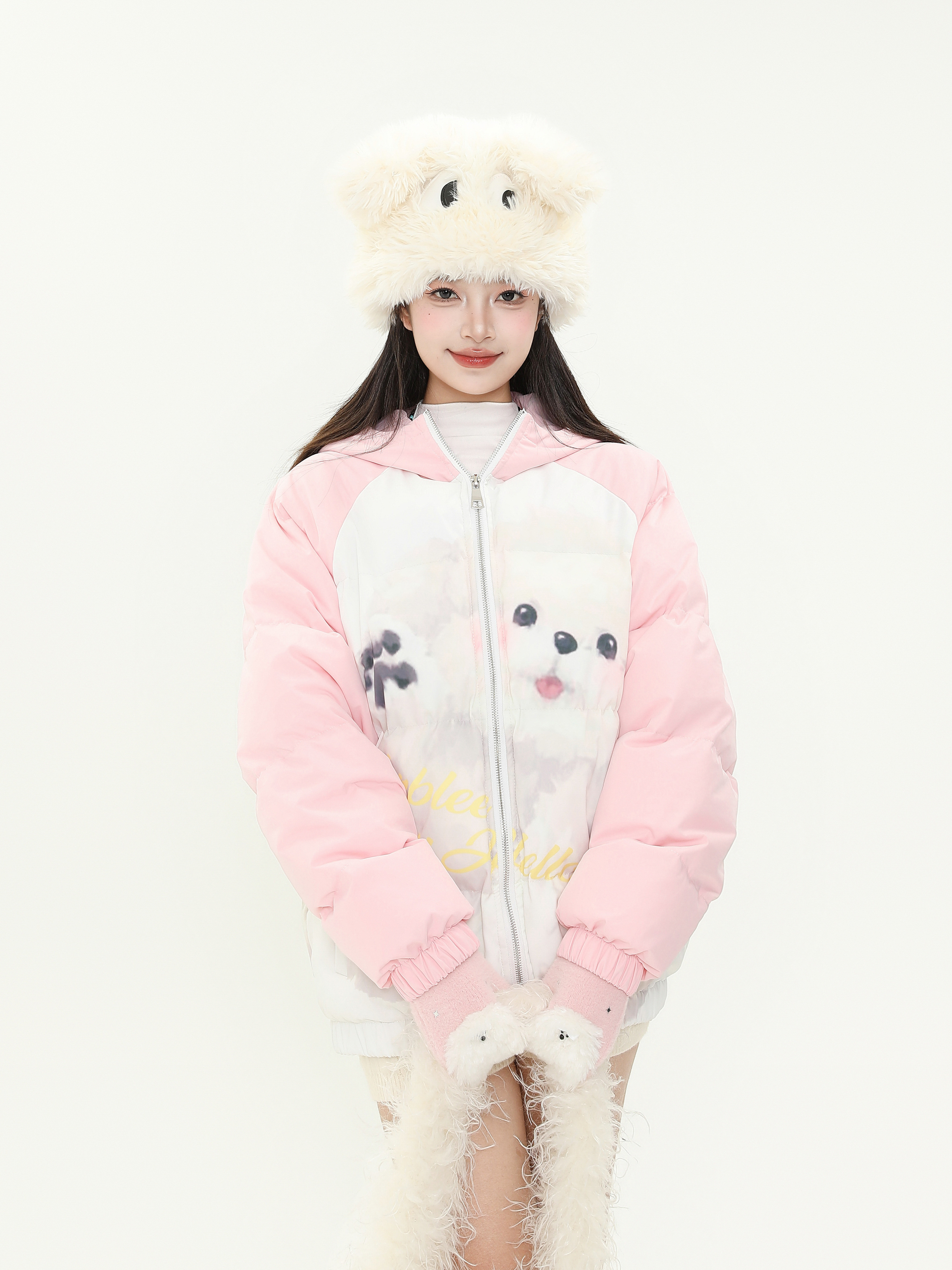 Sweet Cute Dog Print Spliced Raglan Sleeve Hooded Cotton Jacket - Women's Thick Warm Winter Coat for Cozy Style