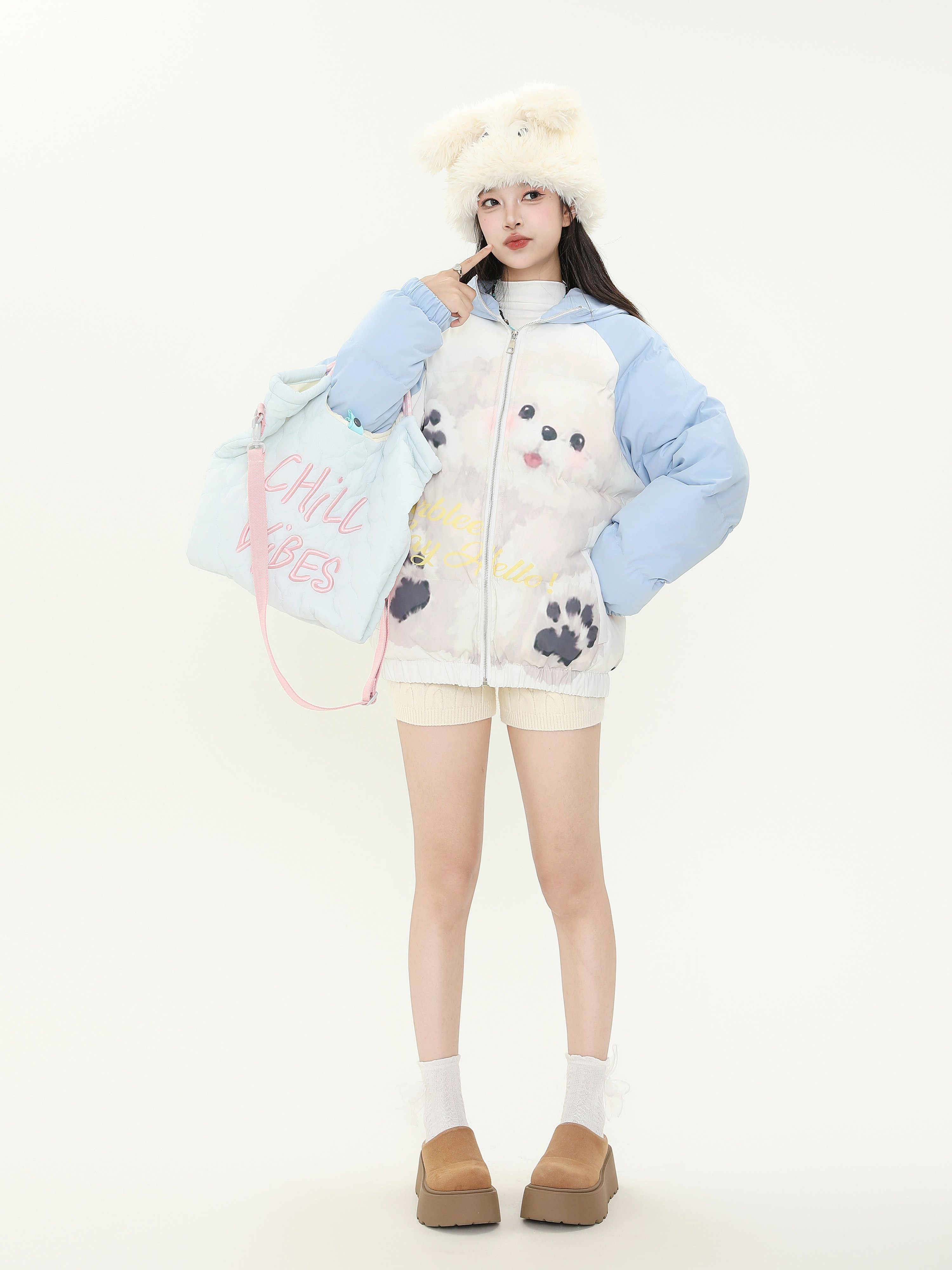 Sweet Cute Dog Print Spliced Raglan Sleeve Hooded Cotton Jacket - Women's Thick Warm Winter Coat for Cozy Style