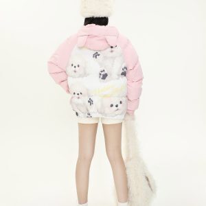 Sweet Cute Dog Print Spliced Raglan Sleeve Hooded Cotton Jacket - Women's Thick Warm Winter Coat for Cozy Style