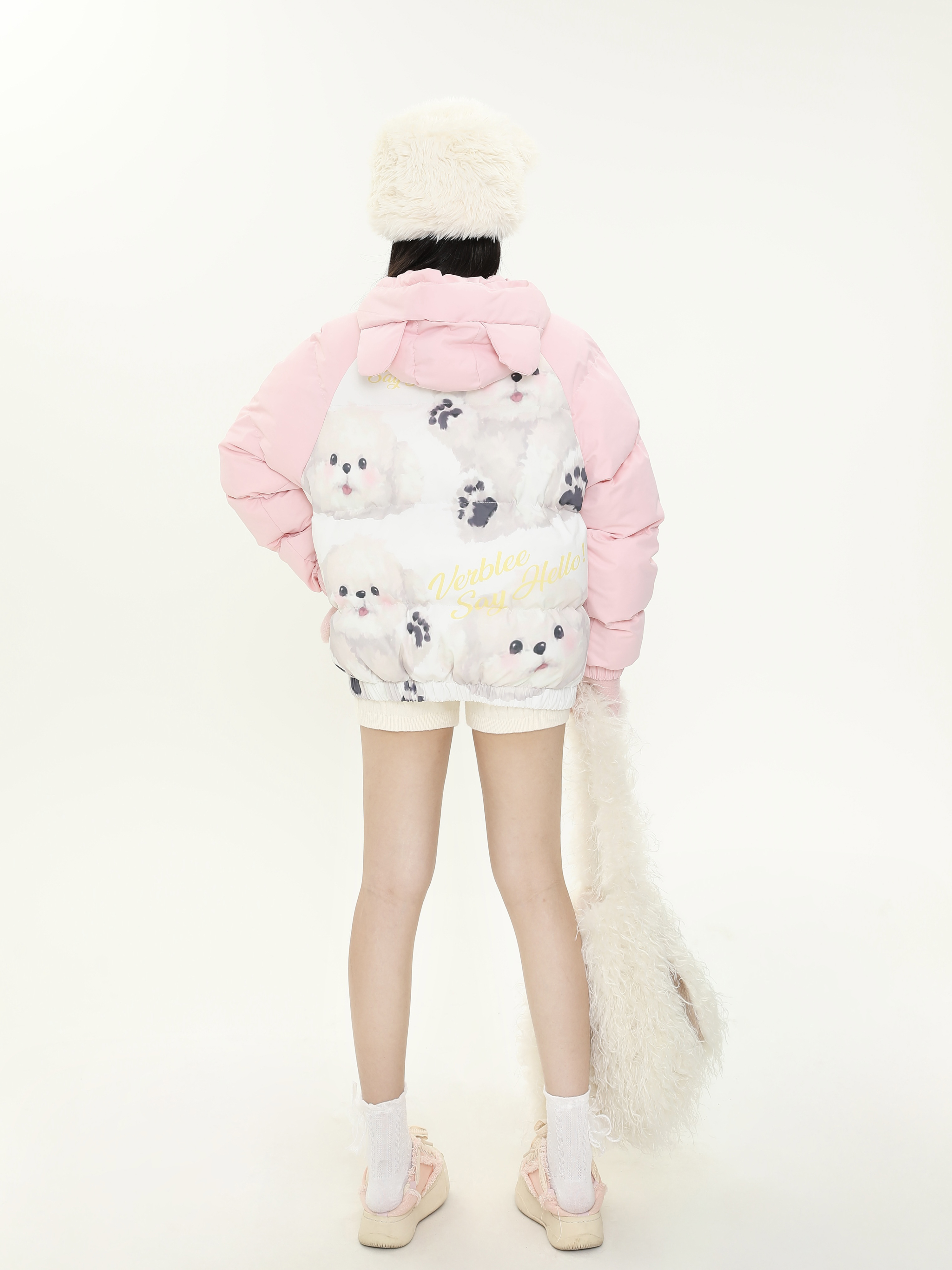 Sweet Cute Dog Print Spliced Raglan Sleeve Hooded Cotton Jacket - Women's Thick Warm Winter Coat for Cozy Style