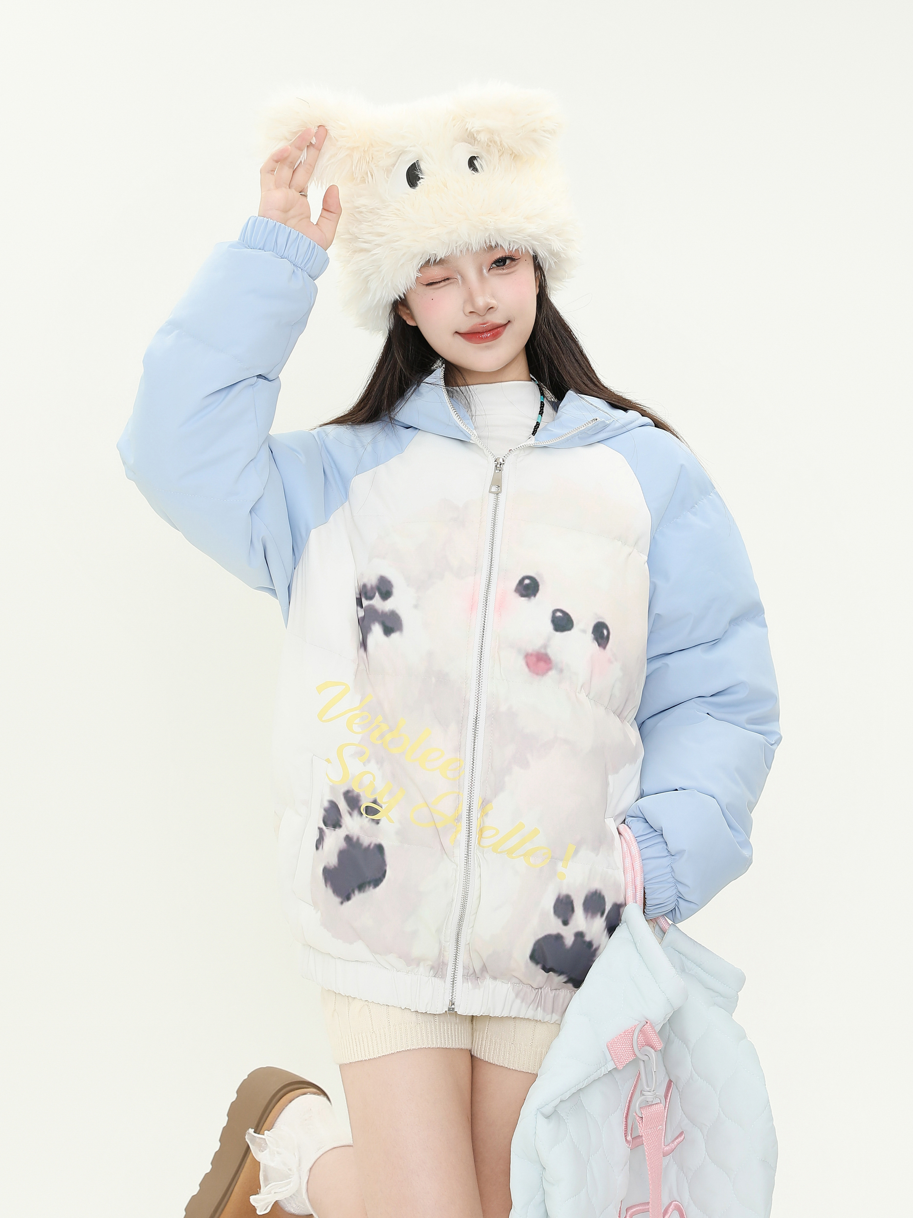 Sweet Cute Dog Print Spliced Raglan Sleeve Hooded Cotton Jacket - Women's Thick Warm Winter Coat for Cozy Style