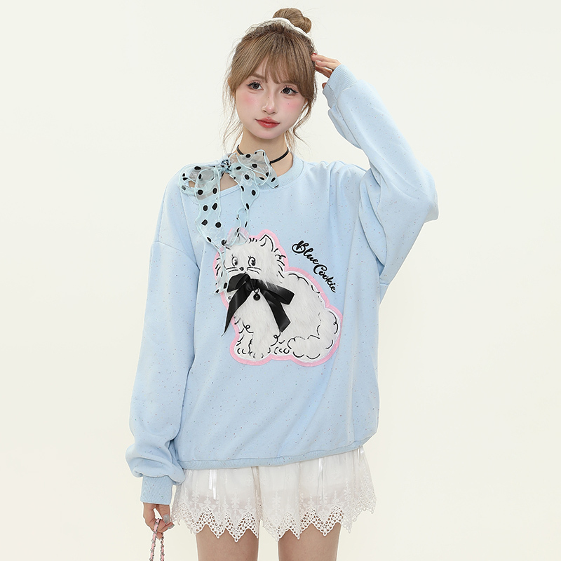 Sweet Cute Plush Cat Lace Bow Off-Shoulder Sweatshirt for Women - Spring Loose Pullover Top, Y2K Style Fashion