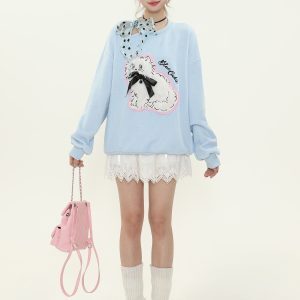 Sweet Cute Plush Cat Lace Bow Off-Shoulder Sweatshirt for Women - Spring Loose Pullover Top, Y2K Style Fashion